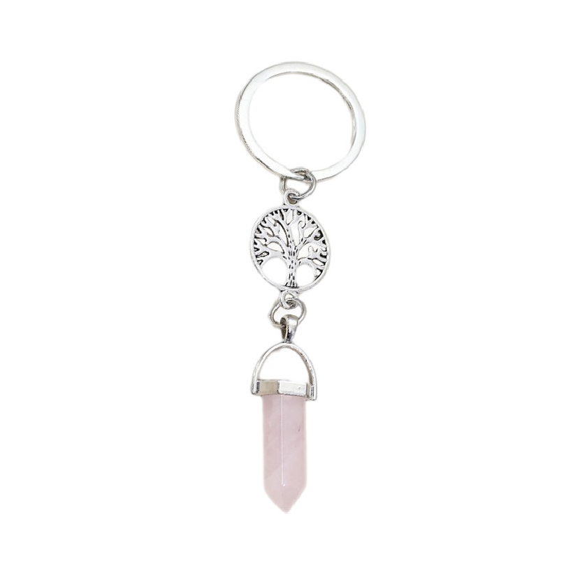 Tree of Life Rose Quartz Crystal Keychain